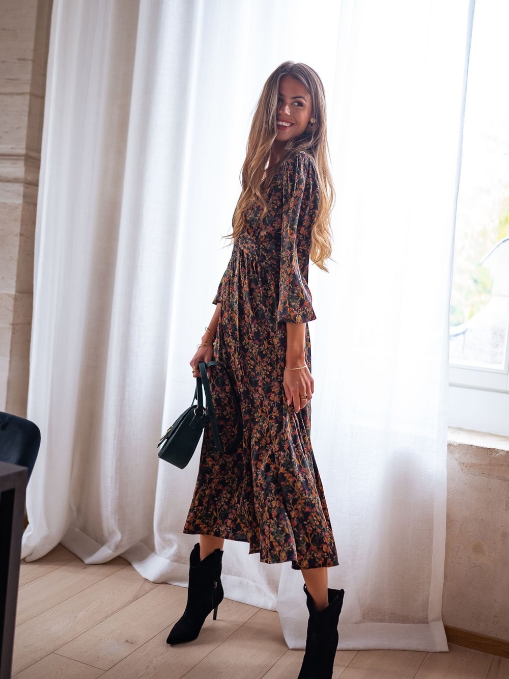 Floral Midi Dress in Black - Women's Boho Long Sleeve Dress